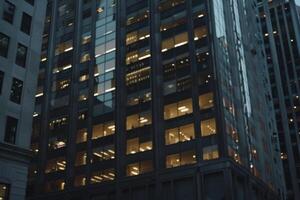 Modern office building windows lit in evening night early morning long working hours exhaustion overtime exterior urban architecture skyscraper lights tower financial sector banking hq photo