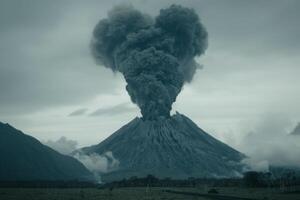 Volcanic eruption volcano erupting with smoke ashes old mountain peak sky covered with fumes natural disaster catastrophe exploding explosion national park lava photo