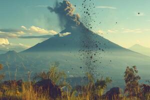 Volcanic eruption volcano erupting with smoke ashes old mountain peak sky covered with fumes natural disaster catastrophe exploding explosion national park lava photo