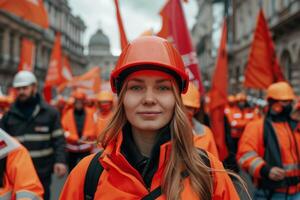 Labor day happy workers marching labour public event May 1 celebration banner demonstration worker activist crowd march solidarity union movement work employee equality equity ceremony photo