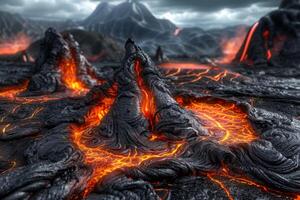 Hot molten lava streaming volcano eruption stream hot boiling magma venus other planet surface destruction flowing fire flame heat danger glowing cosmic photo
