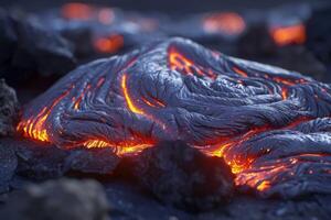 Hot molten lava streaming volcano eruption stream hot boiling magma venus other planet surface destruction flowing fire flame heat danger glowing cosmic photo