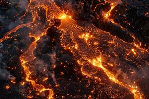 Hot molten lava streaming volcano eruption stream hot boiling magma venus other planet surface destruction flowing fire flame heat danger glowing cosmic photo