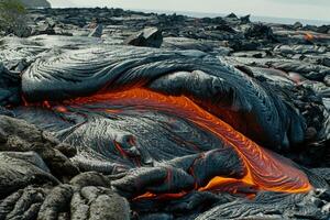 Hot molten lava streaming volcano eruption stream hot boiling magma venus other planet surface destruction flowing fire flame heat danger glowing cosmic photo
