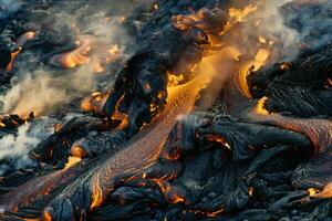 Hot molten lava streaming volcano eruption stream hot boiling magma venus other planet surface destruction flowing fire flame heat danger glowing cosmic photo