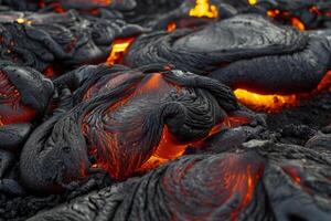 Hot molten lava streaming volcano eruption stream hot boiling magma venus other planet surface destruction flowing fire flame heat danger glowing cosmic photo