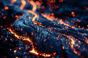 Hot molten lava streaming volcano eruption stream hot boiling magma venus other planet surface destruction flowing fire flame heat danger glowing cosmic photo