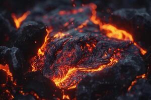 Hot molten lava streaming volcano eruption stream hot boiling magma venus other planet surface destruction flowing fire flame heat danger glowing cosmic photo