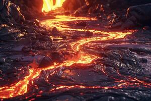 Hot molten lava streaming volcano eruption stream hot boiling magma venus other planet surface destruction flowing fire flame heat danger glowing cosmic photo
