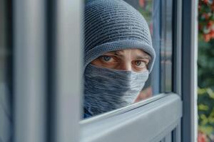 Burglar thief robbing house criminal activity robbery burglary mask crime scene stealing mugger security risk cctv camera catch illegal activity dangerous evil violence gun balaclava photo