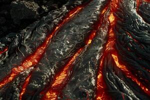 Hot molten lava streaming volcano eruption stream hot boiling magma venus other planet surface destruction flowing fire flame heat danger glowing cosmic photo