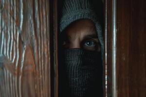 Burglar thief robbing house criminal activity robbery burglary mask crime scene stealing mugger security risk cctv camera catch illegal activity dangerous evil violence gun balaclava photo