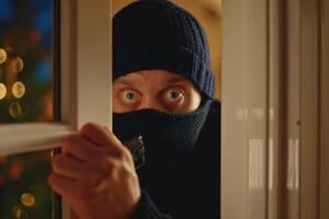 Burglar thief robbing house criminal activity robbery burglary mask crime scene stealing mugger security risk cctv camera catch illegal activity dangerous evil violence gun balaclava photo
