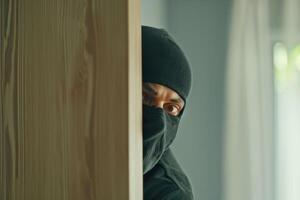 Burglar thief robbing house criminal activity robbery burglary mask crime scene stealing mugger security risk cctv camera catch illegal activity dangerous evil violence gun balaclava photo