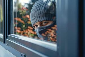 Burglar thief robbing house criminal activity robbery burglary mask crime scene stealing mugger security risk cctv camera catch illegal activity dangerous evil violence gun balaclava photo