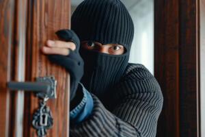 Burglar thief robbing house criminal activity robbery burglary mask crime scene stealing mugger security risk cctv camera catch illegal activity dangerous evil violence gun balaclava photo