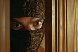 Burglar thief robbing house criminal activity robbery burglary mask crime scene stealing mugger security risk cctv camera catch illegal activity dangerous evil violence gun balaclava photo