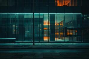 Modern office building windows lit in evening night early morning long working hours exhaustion overtime exterior urban architecture skyscraper lights tower financial sector banking hq photo