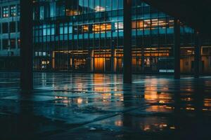 Modern office building windows lit in evening night early morning long working hours exhaustion overtime exterior urban architecture skyscraper lights tower financial sector banking hq photo