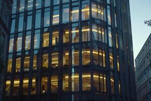 Modern office building windows lit in evening night early morning long working hours exhaustion overtime exterior urban architecture skyscraper lights tower financial sector banking hq photo