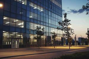 Modern office building windows lit in evening night early morning long working hours exhaustion overtime exterior urban architecture skyscraper lights tower financial sector banking hq photo
