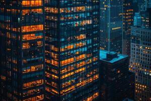 Modern office building windows lit in evening night early morning long working hours exhaustion overtime exterior urban architecture skyscraper lights tower financial sector banking hq photo