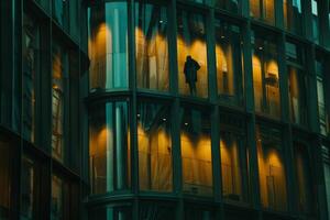 Modern office building windows lit in evening night early morning long working hours exhaustion overtime exterior urban architecture skyscraper lights tower financial sector banking hq photo