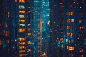 Modern office building windows lit in evening night early morning long working hours exhaustion overtime exterior urban architecture skyscraper lights tower financial sector banking hq photo