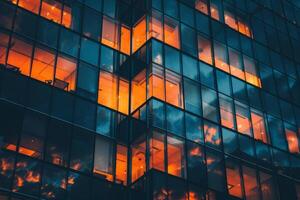 Modern office building windows lit in evening night early morning long working hours exhaustion overtime exterior urban architecture skyscraper lights tower financial sector banking hq photo