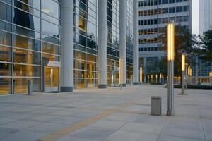 Modern office building windows lit in evening night early morning long working hours exhaustion overtime exterior urban architecture skyscraper lights tower financial sector banking hq photo