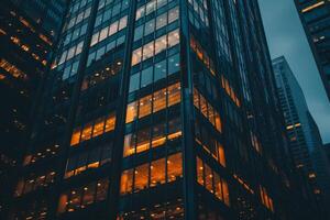 Modern office building windows lit in evening night early morning long working hours exhaustion overtime exterior urban architecture skyscraper lights tower financial sector banking hq photo