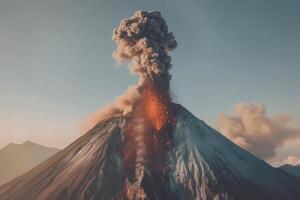Volcanic eruption volcano erupting with smoke ashes old mountain peak sky covered with fumes natural disaster catastrophe exploding explosion national park lava photo