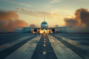 Plane crash airplane on runway catastrophe burning wrecks engine fire failure explosion fuel danger rescuing passengers commercial jet accident takeoff landing collision photo
