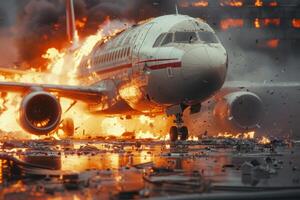 Plane crash airplane on runway catastrophe burning wrecks engine fire failure explosion fuel danger rescuing passengers commercial jet accident takeoff landing collision photo