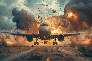 Plane crash airplane on runway catastrophe burning wrecks engine fire failure explosion fuel danger rescuing passengers commercial jet accident takeoff landing collision photo