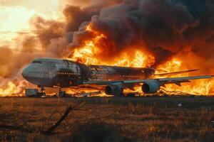 Plane crash airplane on runway catastrophe burning wrecks engine fire failure explosion fuel danger rescuing passengers commercial jet accident takeoff landing collision photo