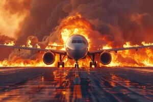 Plane crash airplane on runway catastrophe burning wrecks engine fire failure explosion fuel danger rescuing passengers commercial jet accident takeoff landing collision photo