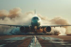 Plane crash airplane on runway catastrophe burning wrecks engine fire failure explosion fuel danger rescuing passengers commercial jet accident takeoff landing collision photo