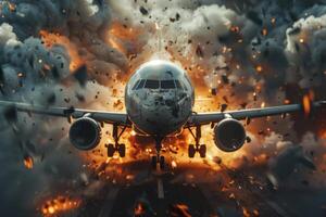 Plane crash airplane on runway catastrophe burning wrecks engine fire failure explosion fuel danger rescuing passengers commercial jet accident takeoff landing collision photo