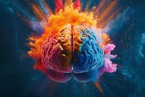 Human brain colorful splash creativity exploding with new ideas plans motivation brainstorm and education concept emotional intelligence mindfulness minds science abstract intellect photo