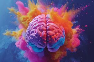 Human brain colorful splash creativity exploding with new ideas plans motivation brainstorm and education concept emotional intelligence mindfulness minds science abstract intellect photo