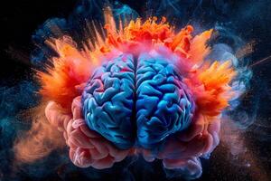 Human brain colorful splash creativity exploding with new ideas plans motivation brainstorm and education concept emotional intelligence mindfulness minds science abstract intellect photo