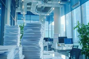 Piles of paper office filled with paperwork full archive file documents stack of folders information outdated old technology digitalization reports unorganized history messy research photo