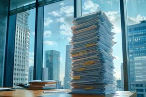 Piles of paper office filled with paperwork full archive file documents stack of folders information outdated old technology digitalization reports unorganized history messy research photo