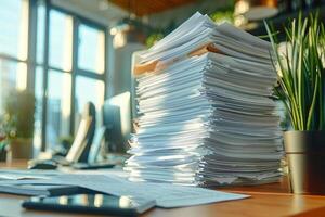 Piles of paper office filled with paperwork full archive file documents stack of folders information outdated old technology digitalization reports unorganized history messy research photo