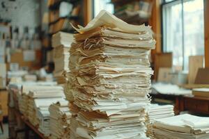 Piles of paper office filled with paperwork full archive file documents stack of folders information outdated old technology digitalization reports unorganized history messy research photo