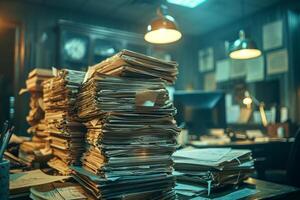 Piles of paper office filled with paperwork full archive file documents stack of folders information outdated old technology digitalization reports unorganized history messy research photo