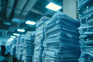 Piles of paper office filled with paperwork full archive file documents stack of folders information outdated old technology digitalization reports unorganized history messy research photo