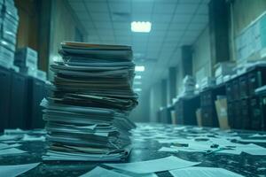 Piles of paper office filled with paperwork full archive file documents stack of folders information outdated old technology digitalization reports unorganized history messy research photo