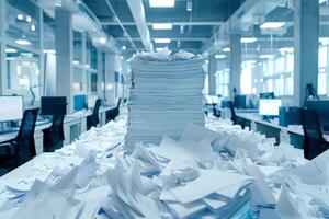 Piles of paper office filled with paperwork full archive file documents stack of folders information outdated old technology digitalization reports unorganized history messy research photo